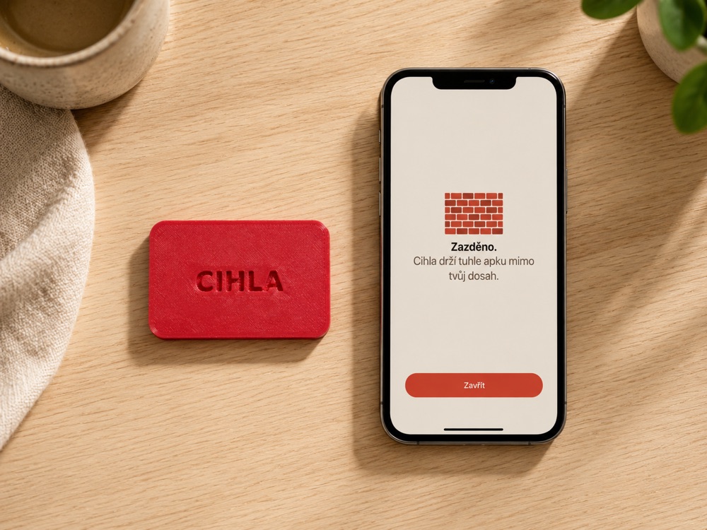Cihla vedle iPhonu se zamčenou aplikací a hláškou Zazděno